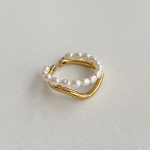新款洋气叠戴保色精致双层天然珍珠戒指女ins潮时尚开口指环