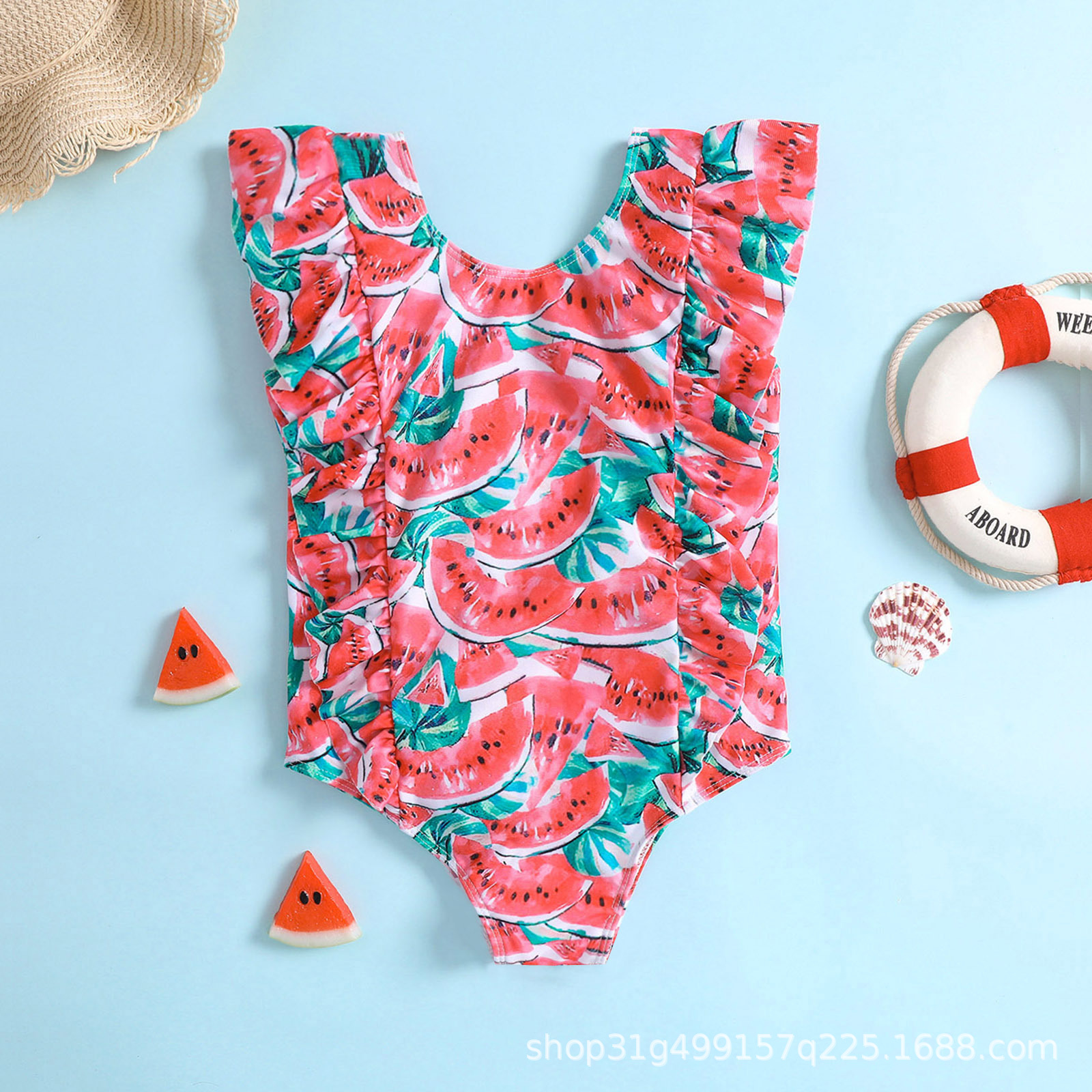夏日新款款西瓜印花比基尼荷叶边女童连体三角女宝宝温泉游泳衣
