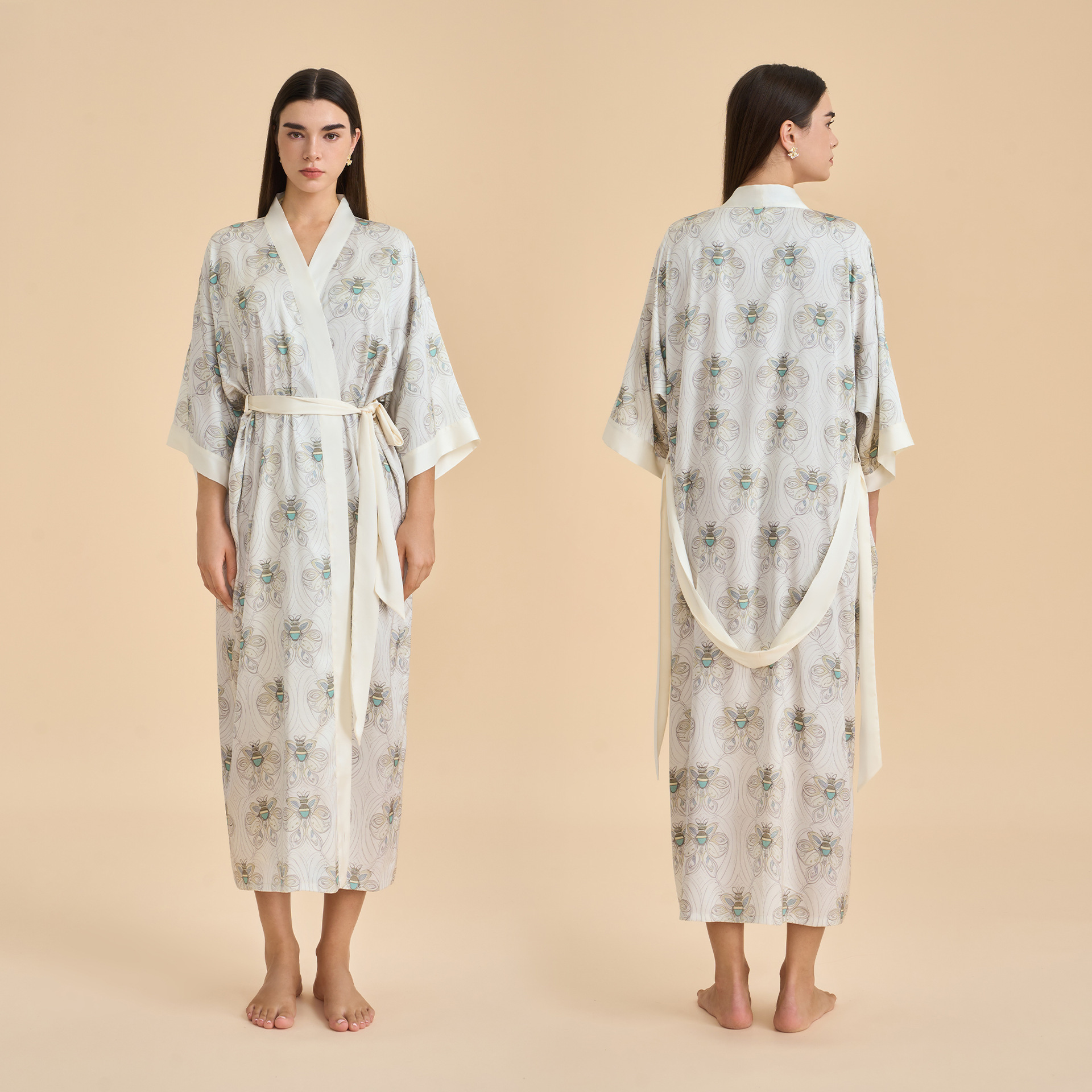 Europa y América pijamas damas primavera y otoño satén chiffon bata de baño impresión desordenada bata de dormir cómoda ropa larga para el hogar WP3976