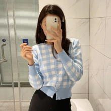 rl拉夫刺绣小马标针织女圆领开衫上衣外套短款显瘦格纹格子针织衫