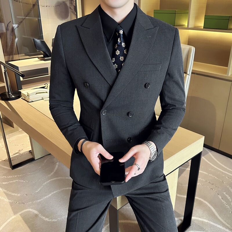 British Style Double-Breasted Suit for Men, Business Casual Formal Wear, Groom's Wedding Dress, High-End Three-Piece Suit
