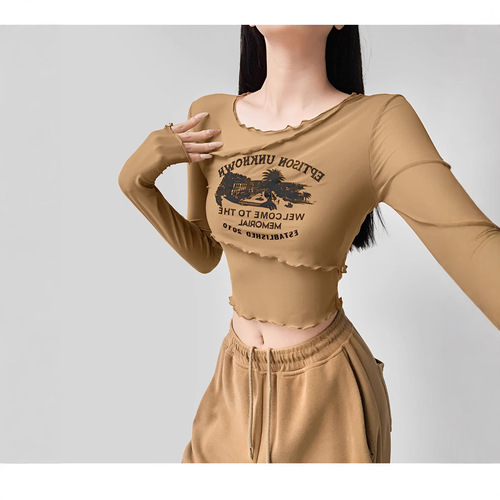 Printed top—sensual, trendy, high-end look, slimming design—sexy black short-style long-sleeved women’s piece for spring and autumn.