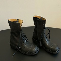 牛皮版~新款真皮做舊中筒馬丁靴女美拉德厚底粗跟短靴騎士靴