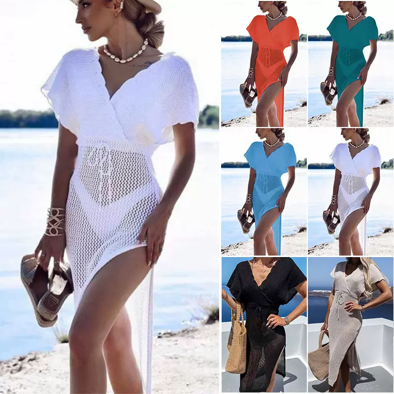 跨境沙滩罩衫女海边度假外搭游泳衣外套镂空性感中长款沙滩防晒衣