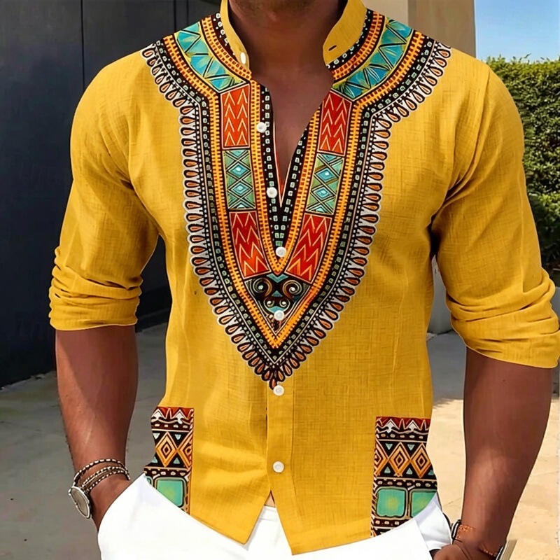Men's Summer Dashiki Style Shirt, Tribal Geometric Print, Stand Collar, Breathable Linen-Like Casual Wear Men's Summer Dashiki Style Shirt, Tribal Geometric Print, Stand Collar, Breathable Linen-Like Casual Wear