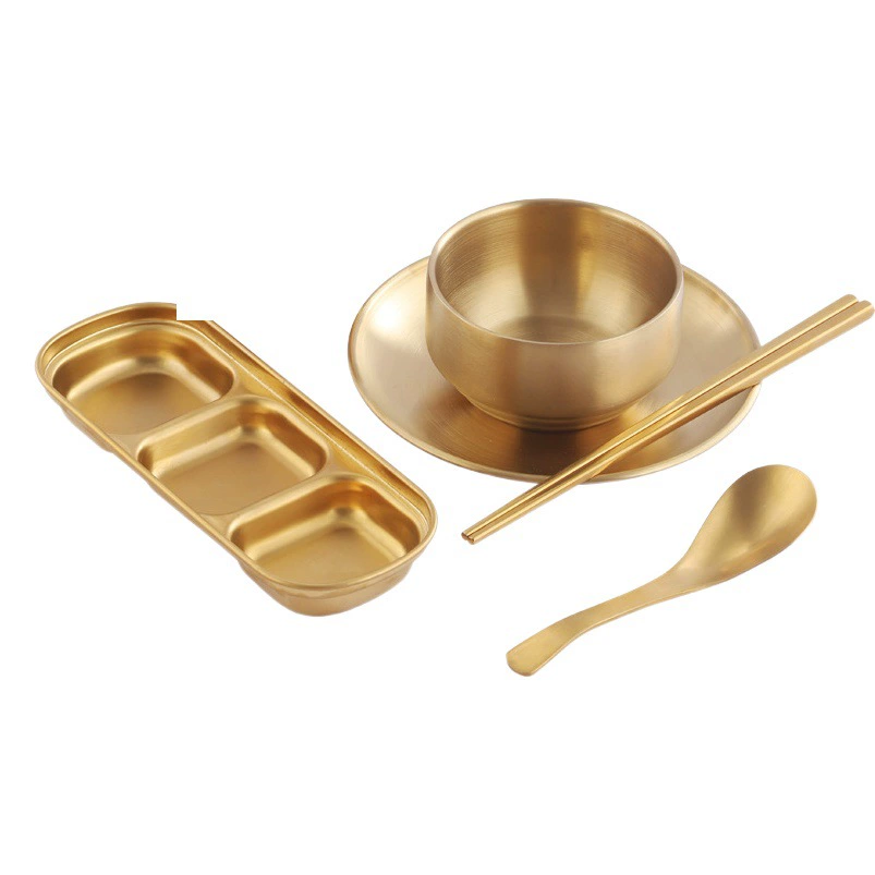 Прямой корейский набор посуды из нержавеющей стали 304 золотой диск чашка окунания блюдо палочки для еды ложка Коммерческая посуда для барбекю