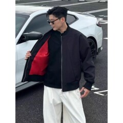 黑色红内飞行夹克男秋季解构裁剪倒三角短款外套美式硬汉风棒球服