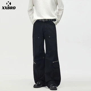沐希服装 美式高街潮牌朋克风机车痞帅铆钉拼接工装裤直筒牛仔裤