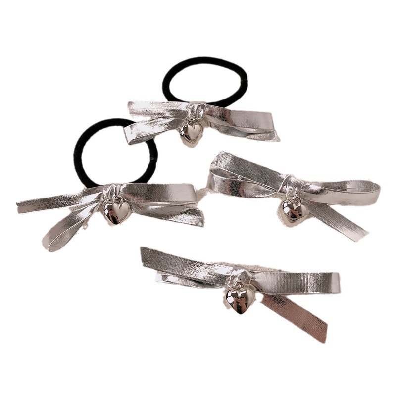 Coreano dulce cool girl plateado arco de cabello en nicho de alta sensación cuerda de cabello amor correa de cabello adornos para el cabello