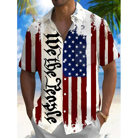 New Vacation Shirt Short-Sleeved Cardigan Lapel Hawaiian Summer Men's Amazon American Flag Print