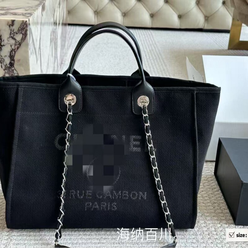 Cross-Border High Version High-End Black 24C Satchel Canvas Beach Bag Chain Large Capacity Mother-In-Law Bag Women's Bag Cross-Border High Version High-End Black 24C Satchel Canvas Beach Bag Chain Large Capacity Mother-In-Law Bag Women's Bag