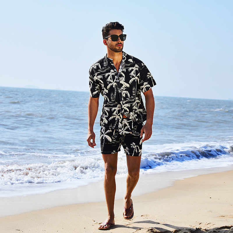 2024 nueva venta caliente hawaiana impresión transfronteriza trajes de playa de moda hombre guapo camisa de manga corta pantalones cortos grandes
