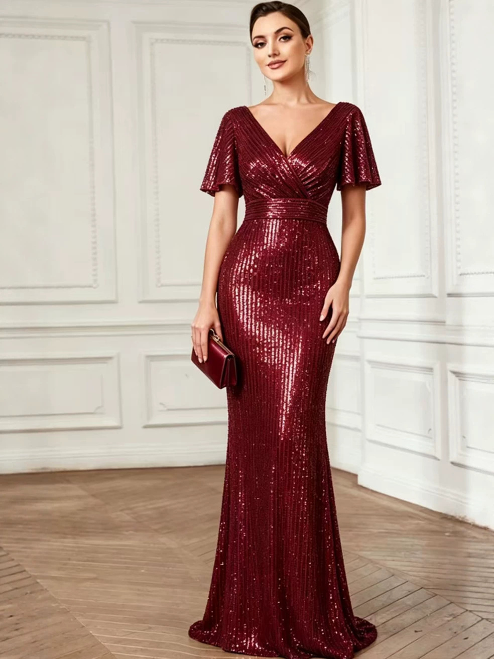 Robe de soirée transfrontalière européenne et américaine, sexy, col en v, paillettes, longueur au sol, élégante, fente latérale, robe de soirée, banquet, 2026