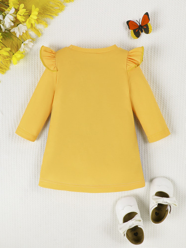 Summer Casual Fashion Style Daily Baby Girl Infant Bee-Print Ruffled Long-Sleeve Blue Denim Suspender Dress