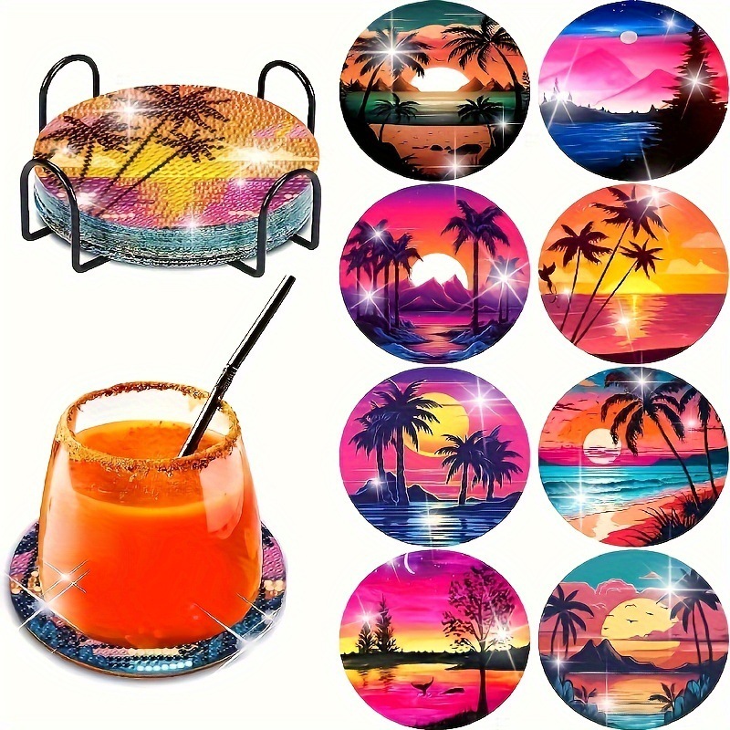 Ventas transfronterizas calientes de 8 piezas de conjunto de cojín de taza de arte de diamante, con soporte, pequeño conjunto de pintura de diamante, adecuado para adultos
