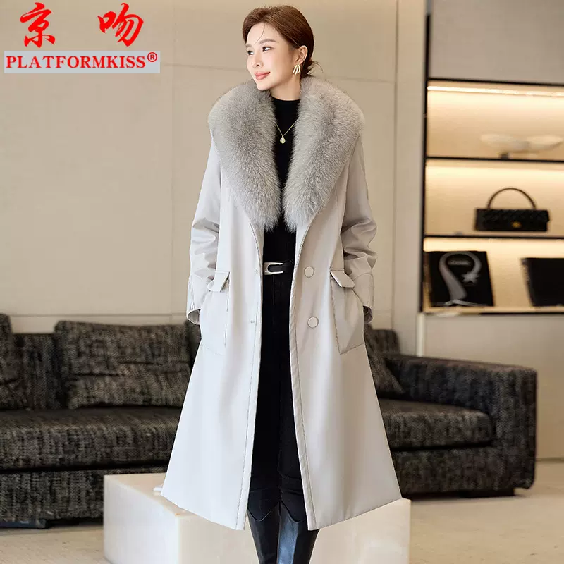 冬季新款鹅绒内胆派克服女款长款过膝狐狸毛领羽绒服腰带修身大衣