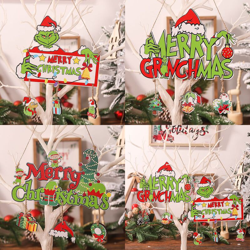Cross-Border New Christmas Decoration Supplies Grinch Merry Christmas Word Plate Wooden Pendant Weird Letter Pendant Cross-Border New Christmas Decoration Supplies Grinch Merry Christmas Word Plate Wooden Pendant Weird Letter Pendant