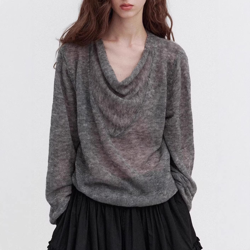 Lt Morning Mist Island' Retro Tie-Dye Craft Drape Collar Fine Wool Cloud-Like Large U-Shaped Collar Knit Sweater for Women