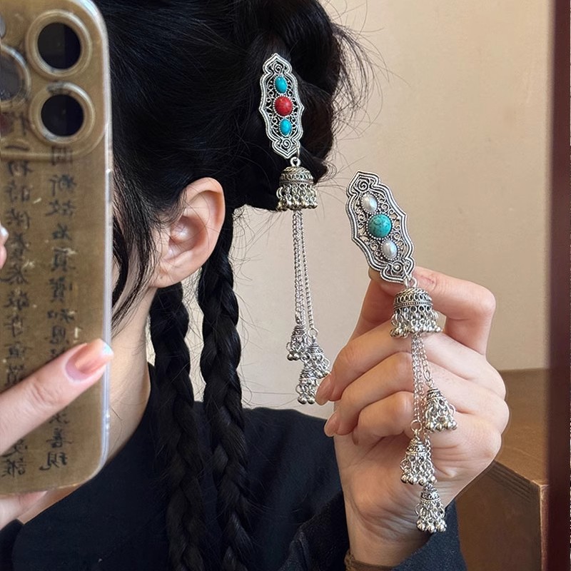 Mongolian Princess New Chinese-Style Xizang Hairpin with Silver Tassels and Bells, Unique Mongolian Headwear Hair Accessory Pendant