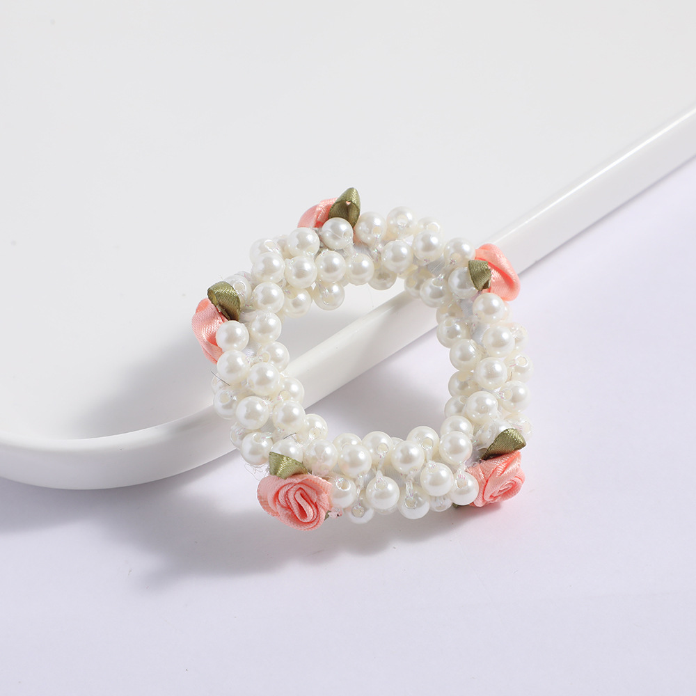 Imitation Pearl Material Rose Pattern Sweet Women's Rose Imitation Pearl Beaded Hair Tie