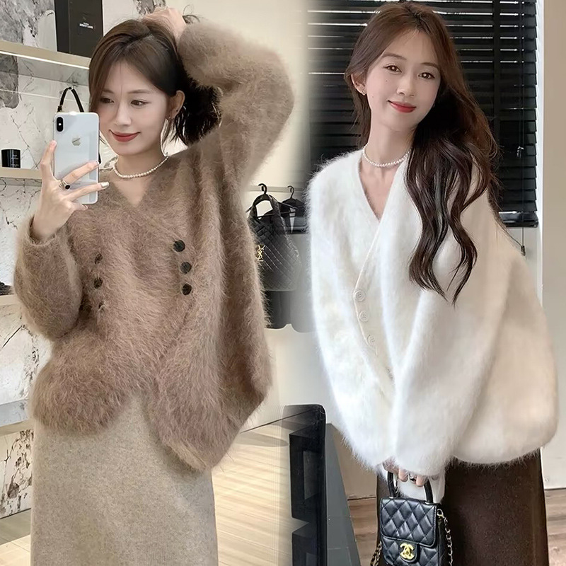 임산부 코트 밍크 벨벳 V넥 불규칙 스웨터 카디건 가을 겨울 고급 루즈 레이지 스타일 니트 코트