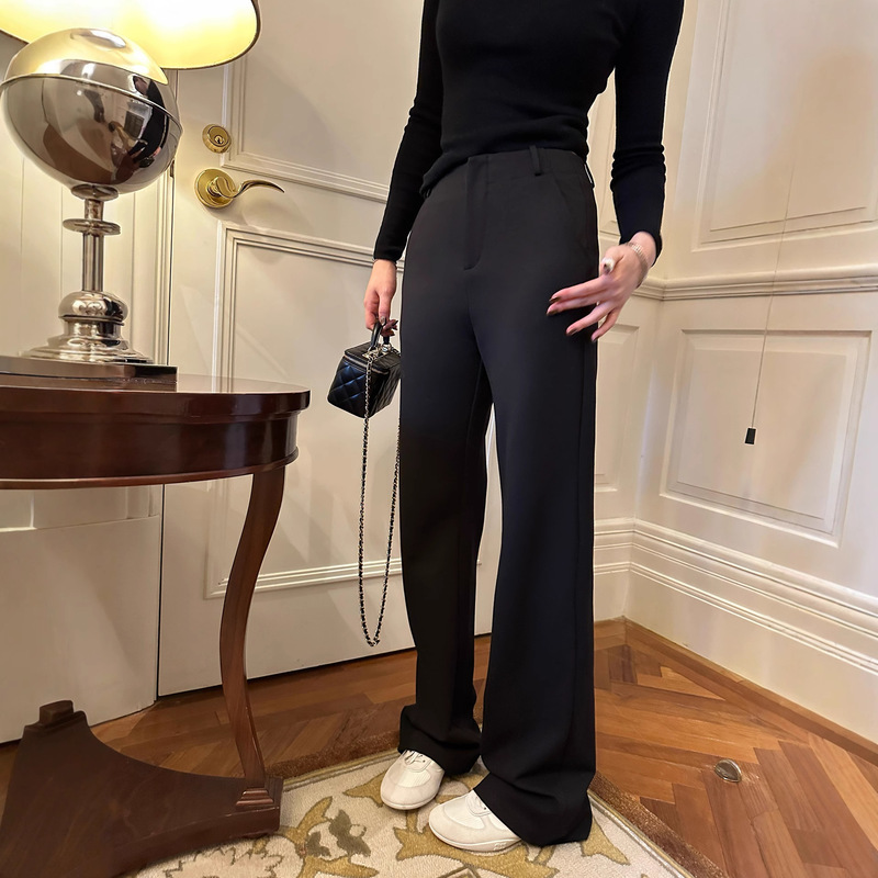 Butterfly Treasure: Women's Black Stretch Slim Straight-Leg Pants for Autumn and Winter, Casual Long Pants