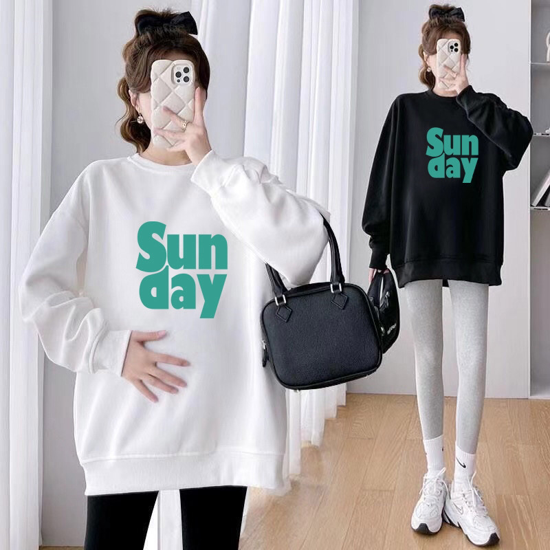임산부복 가을 겨울 스타일 플러스 벨벳 따뜻한 느슨한 배를 덮는 긴팔 라운드넥 스웨터 세련된 핫맘 투피스 슈트