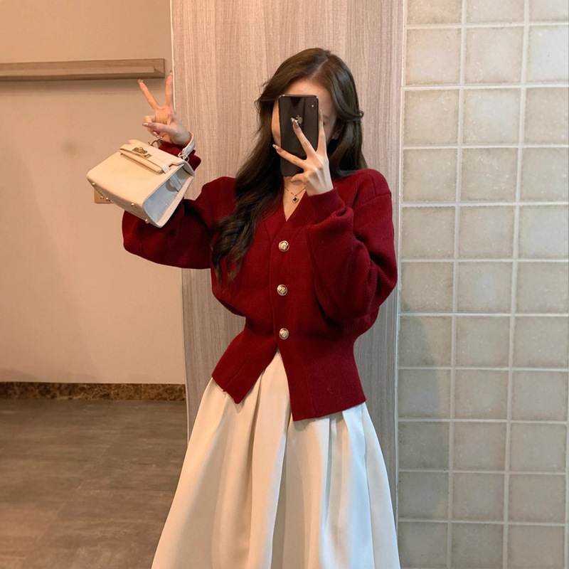 New Year's Red Chanel-Style Knitted Cardigan for Women, Autumn and Winter Waist-Cinching Slim-Fit Elegant Sweater Coat, Christmas Festive Top