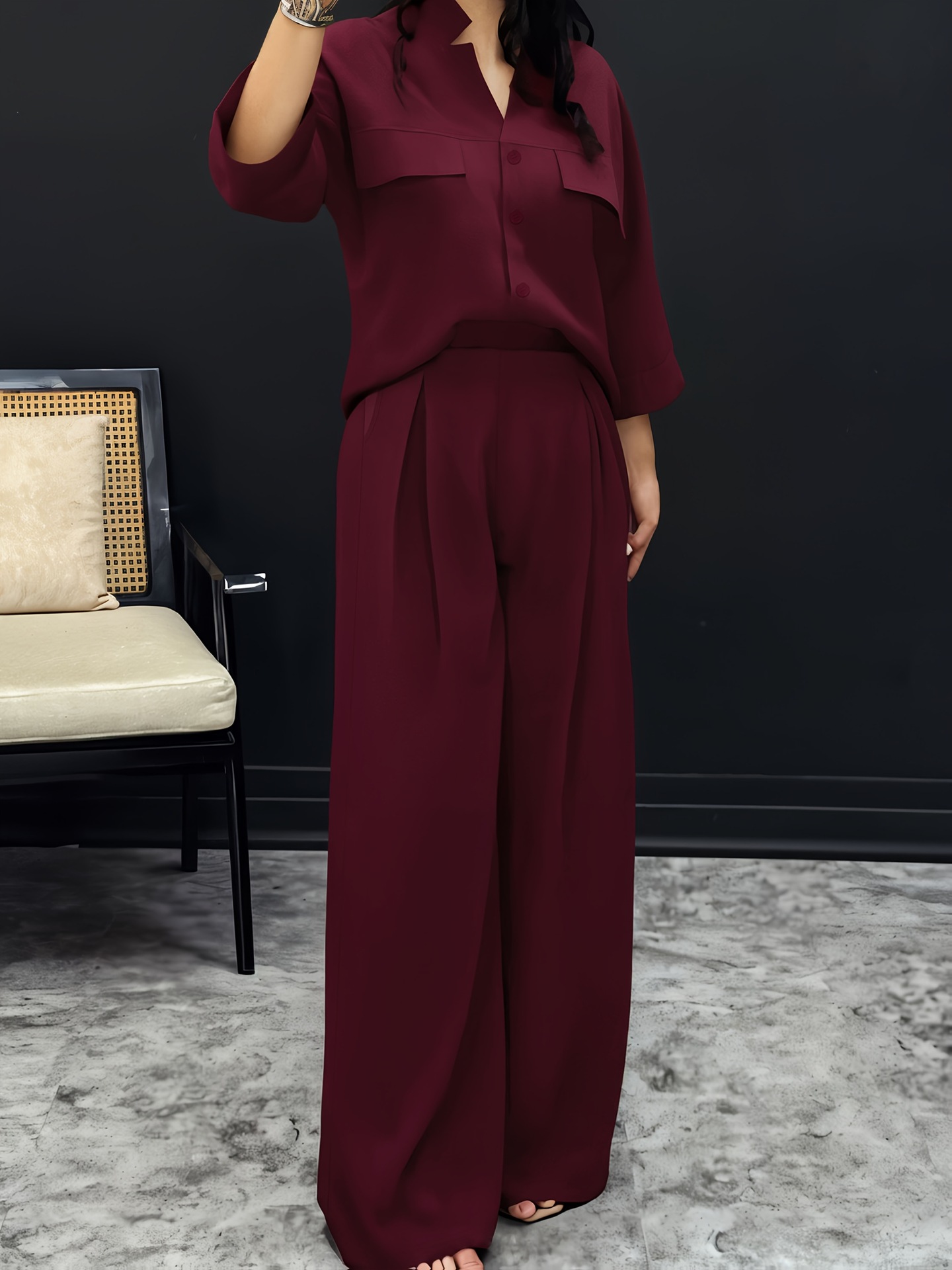 Elegant Two-Piece Set: Short Sleeve Top With Flowy Wide-Leg Pants For Women Autumn Winter Office Casual Outfit Solid Color Knit Jumpsuit Alternative_ecoleips.com