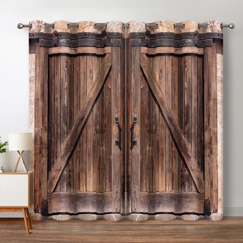 Cross-Border Brown Retro Barn Door Style Digital Printed Curtains Amazon Bedroom Living Room Brushed Fabric Curtains Manufacturer Cross-Border Brown Retro Barn Door Style Digital Printed Curtains Amazon Bedroom Living Room Brushed Fabric Curtains Manufacturer