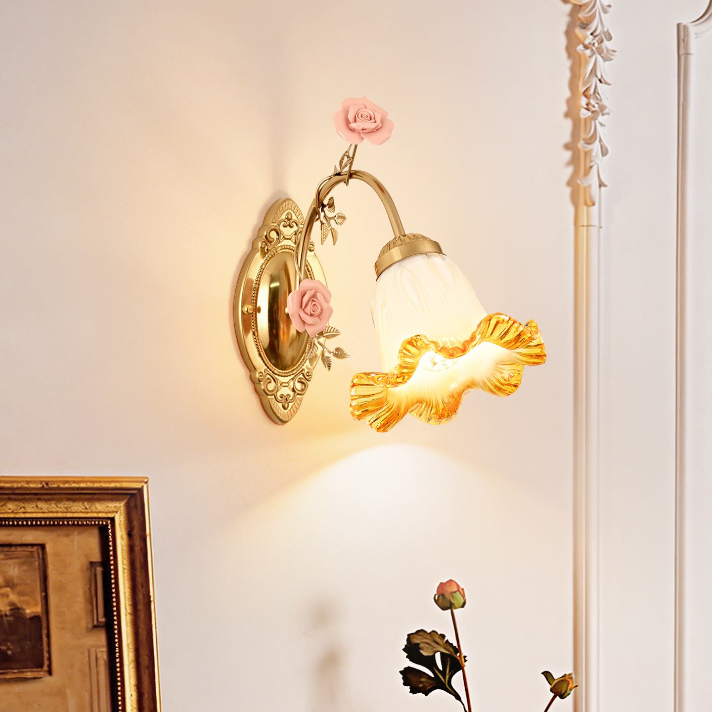Gran vista jardín dormitorio cabecera lámpara de pared de flores de estilo medieval sala de estar lámparas de pared de fondo retro dormitorio cabecera lámpara L271
