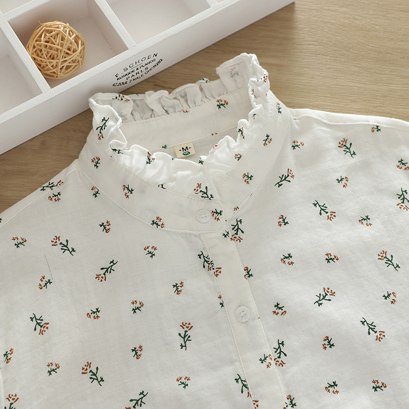 Japanese Style Sweet Loose Gauze Shirt for Women, Literary and Fresh Fungus Collar Printed Double-Layer Cotton Gauze Long-Sleeved Shirt