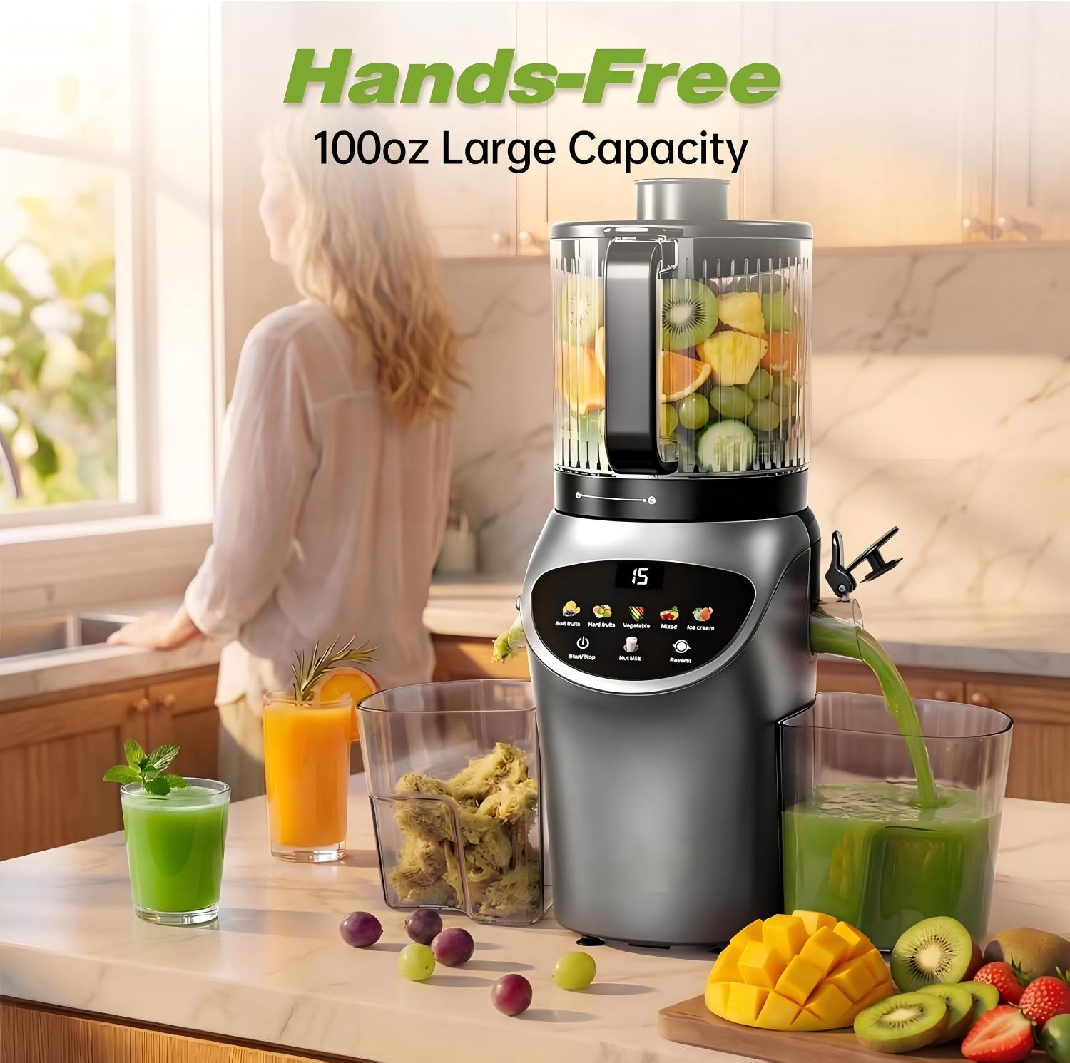 110v cold press juicer with large feed chute, low-speed slow press, pulp and juice separation, easy-to-clean juicer