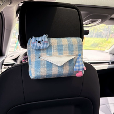 Creative Cartoon Plaid Bear Car Seat Back Hanging Paper Box Car Armrest Box Tissue Box Car Tissue Bag