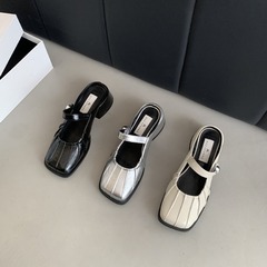 1198-1~包頭半拖鞋女外穿2024年新款粗跟法式褶皺方頭懶人穆勒鞋