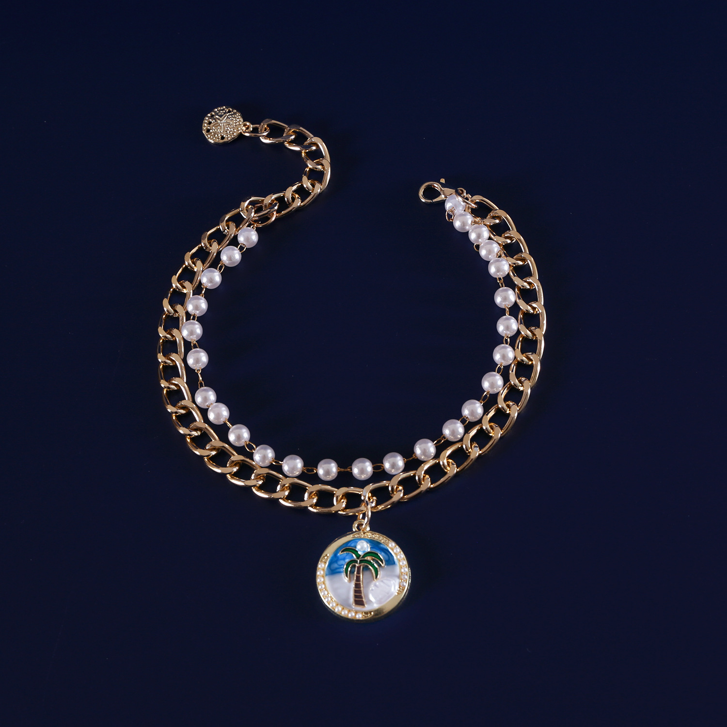 Mascotas concha marina gato perro collar perla de metal colgante de estrella de mar de cocotero ajustable collar de princesa de doble capa