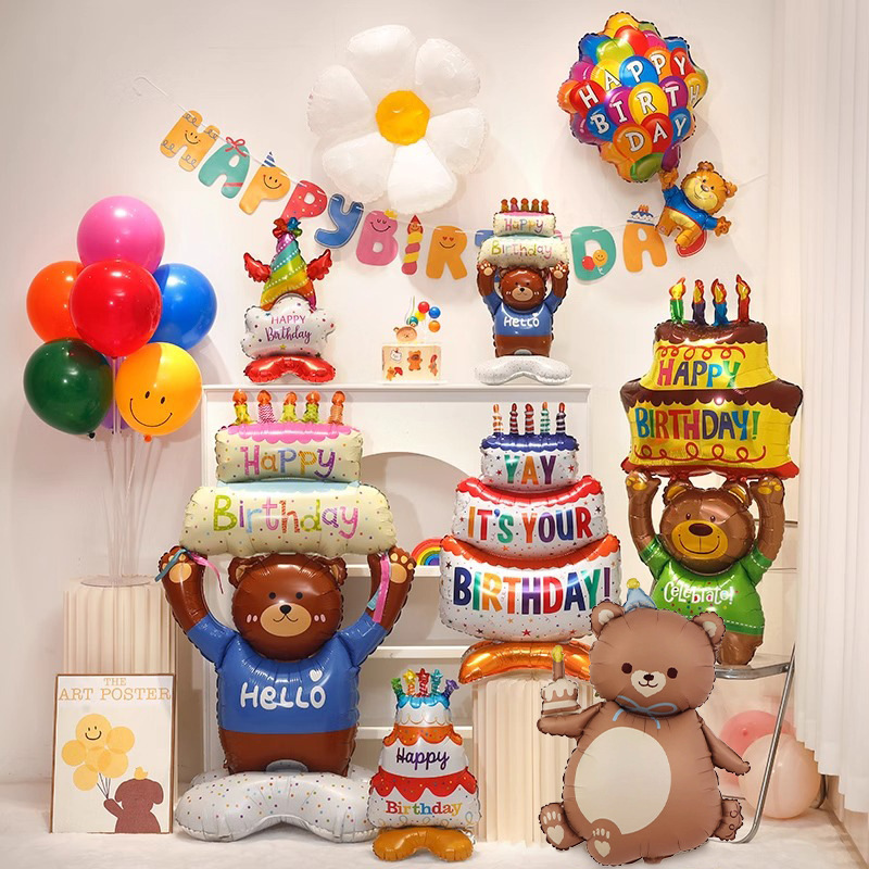 Candle Cake Bear Balloon Standing Base Aluminum Film Balloon Birthday Party Layout Scene Decoration Atmosphere Supplies