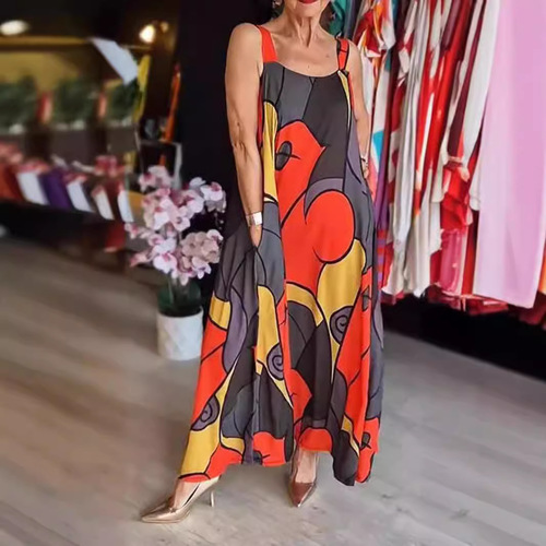 Summer European and American Women's Fashion Bestselling Casual Style Sleeveless Pocket Strappy Geometric Print Dress