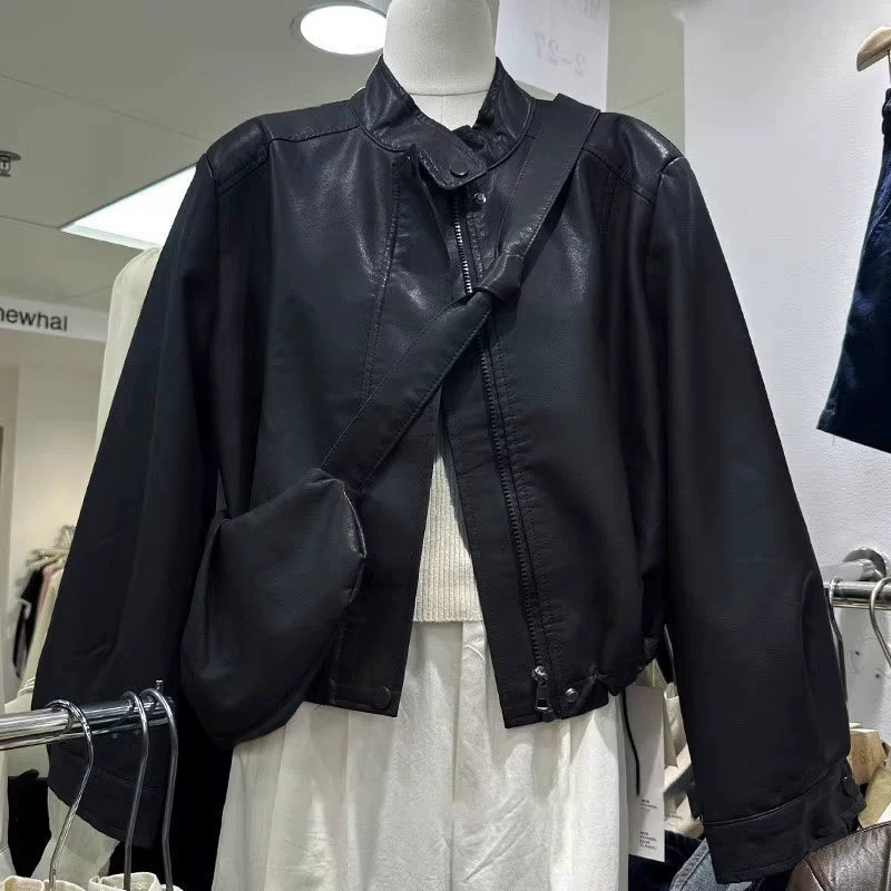 Polyurethane retro jacket with zipper, 2025 years, Korean style
