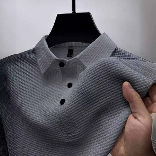 Eurasian men's summer pure color new high-end mesh ice silk short sleeve T-shirt collar polo with smooth material