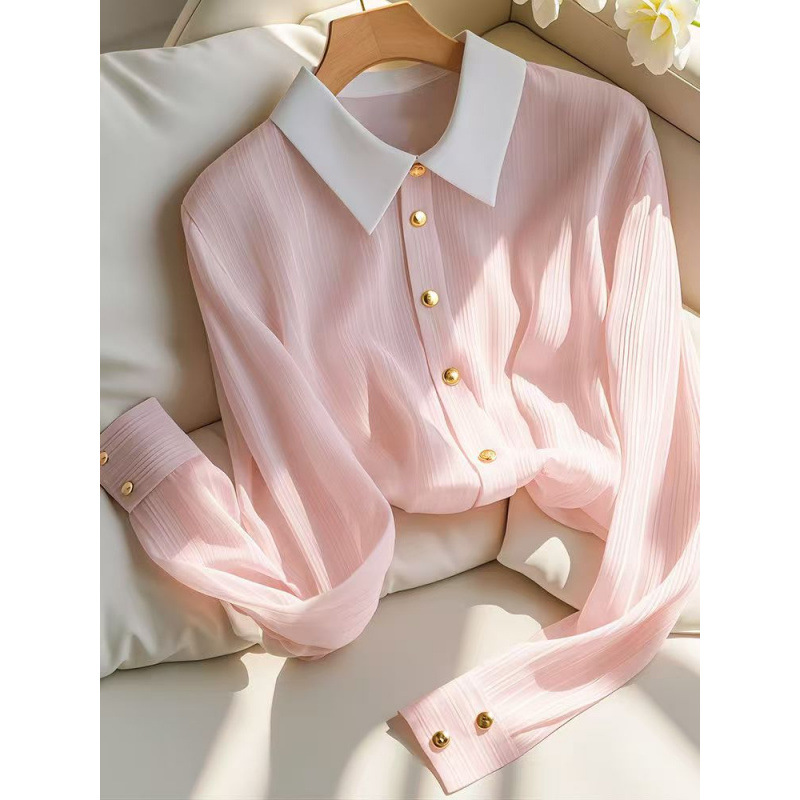 Damkläder Cover magen rosa långärmad skjorta för kvinnor i tidig höst ny stil high end chic lätt andas chiffong långärmad topp_voghion.com