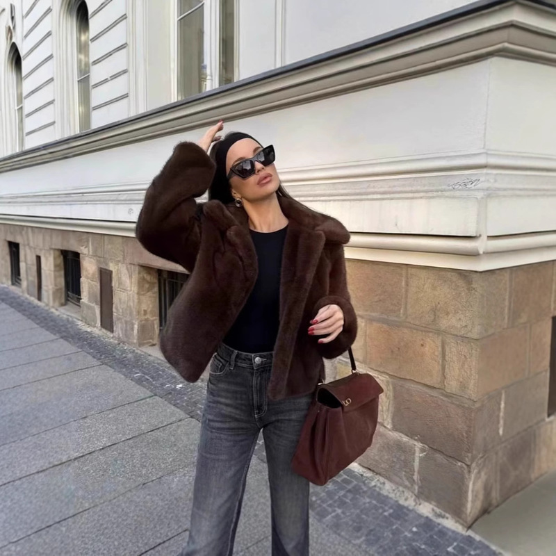 European and American Cross-Border Autumn and Winter New Fashion 2026 Women's Clothing Brown Fur Coat Short Lapel Jacket Fur Coat