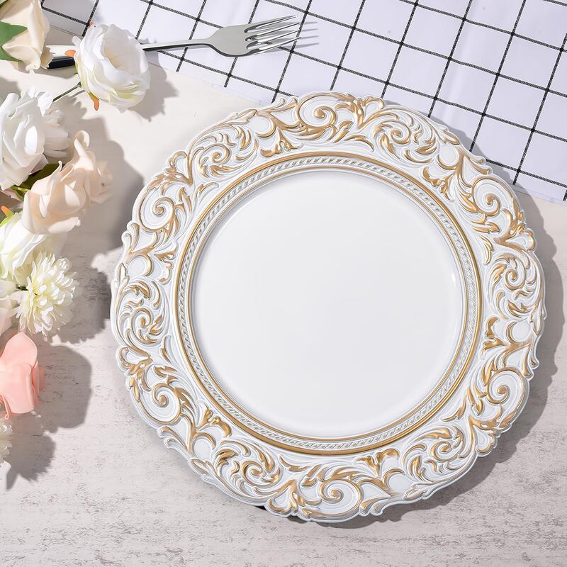 chargerplate Export Christmas Luxury Wedding Hotel Plastic Plate Antique Gold Edge Lace Decorative Plate Main Plate chargerplate Export Christmas Luxury Wedding Hotel Plastic Plate Antique Gold Edge Lace Decorative Plate Main Plate