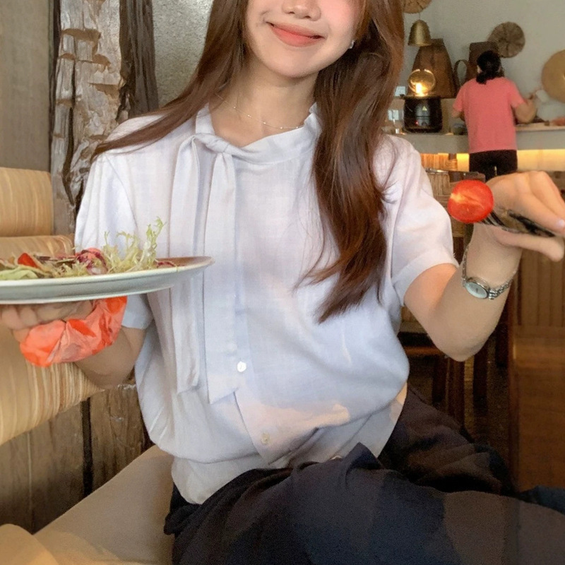 Gentle Factor~2026 New Korean-Style Elegant Flutter-Collar Shirt for Women, Summer Petite Simple Waist-Cinching Blouse Gentle Factor~2026 New Korean-Style Elegant Flutter-Collar Shirt for Women, Summer Petite Simple Waist-Cinching Blouse