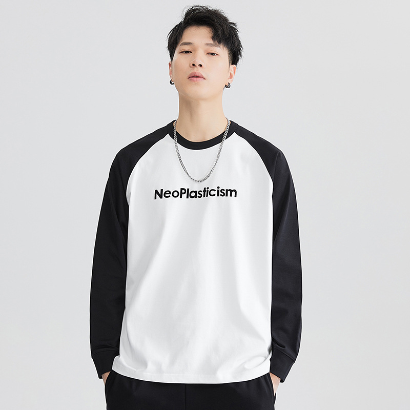 F1121 | Großes, neues Herbstprodukt für Herren, 260G, langärmliges T-Shirt mit Kuhhorn-Patchwork und lockerem Saum für Männer_voghion.com