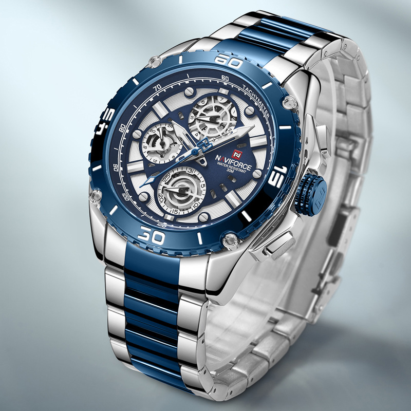 NAVIFORCE Lingxiang 9179 hombres reloj deportivo multifuncional de seis pines correa de acero impermeable reloj luminoso reloj
