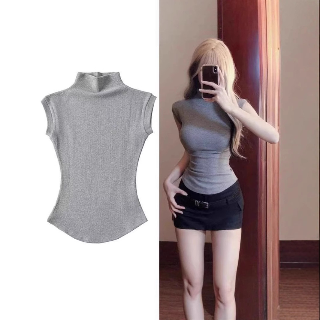 Half Turtleneck Right Shoulder Short-Sleeved T-Shirt for Women Summer 2025 New Tight-Fitting Slimming Look Unique Super Nice Single Wear Short Top