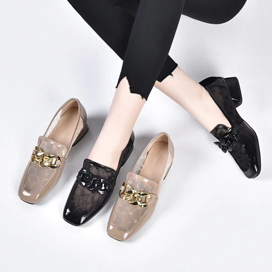 Giày Loafer Nữ Da Thật Đầu Vuông Gót Chunky 3 cm — Lưới đen (gót 3CM) chi tiết 5