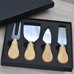 Stainless Steel Cheese Knife Four-Piece Gift Box with Wooden Handle Cheese Butter Knife and Fork Pizza Tool Gift Box Dessert