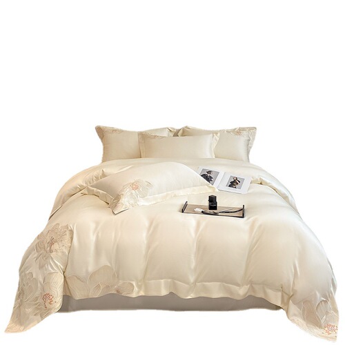 Light Luxury 60-count Long-staple Cotton Pure Cotton Four-piece Set Simple Embroidery Solid Color Duvet Cover Bed Sheet All-Cotton Bed Skirt Bedding